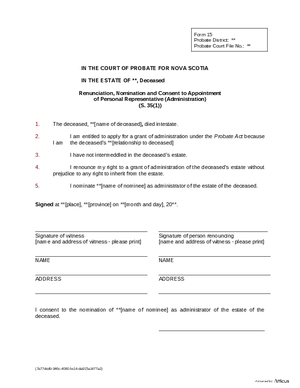Thumbnail of Nova Scotia Form Renunciation, Nomination And Consent To Appointment Of Personal Representative (Administration)