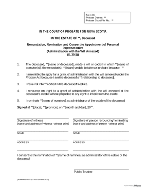 Thumbnail of Nova Scotia Form Renunciation, Nomination And Consent To Appointment Of Personal Representative (Administration With The Will Annexed)