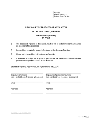 Thumbnail of Nova Scotia Form Renunciation (Probate)