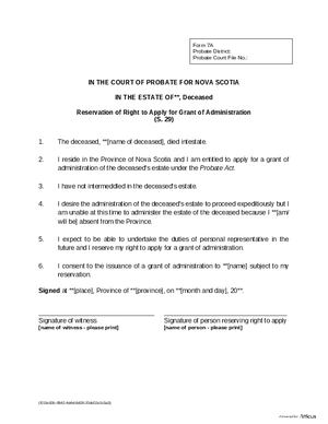 Thumbnail of Nova Scotia Form Reservation Of Right To Apply For Grant Of Administration