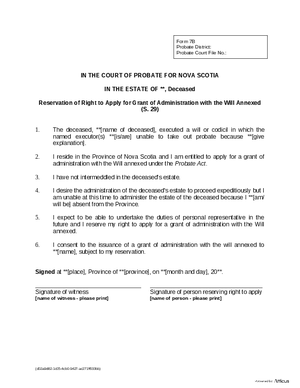 Thumbnail of Nova Scotia Form Reservation Of Right To Apply For Grant Of Administration With The Will Annexed