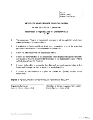 Thumbnail of Nova Scotia Form Reservation Of Right To Apply For Grant Of Probate