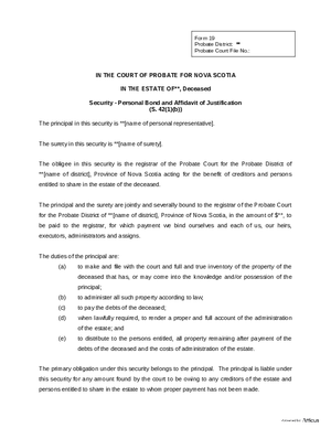 Thumbnail of Nova Scotia Form Security - Personal Bond And Affidavit Of Justification