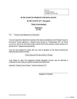 Thumbnail of Nova Scotia Form Subpoena