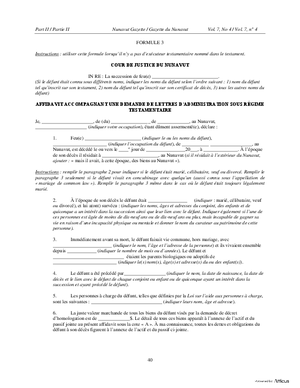 Thumbnail of Nunavut Form Affidavit Accompagnant Une Demande De Lettres D’administration Sous Régime Testamentaire