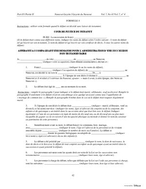 Thumbnail of Nunavut Form Affidavit Accompagnant Une Demande Pour L’administration D’une Succession Non Testamentaire