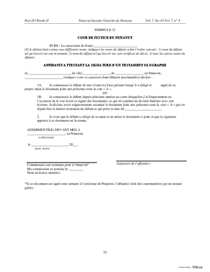 Thumbnail of Nunavut Form Affidavit Attestant La Signature D’un Testament Olographe