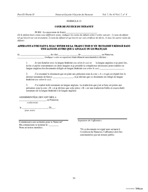 Thumbnail of Nunavut Form Affidavit Attestant L’exactitude De La Traduction D’un Testament Rédigé Dans Une Langue Autre Que L’anglais Ou Le Français