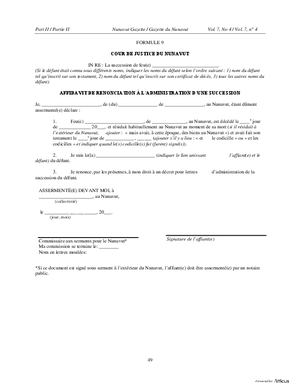 Thumbnail of Nunavut Form Affidavit De Renonciation À L’administration D’une Succession