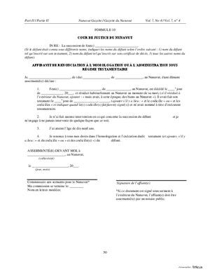 Thumbnail of Nunavut Form Affidavit De Renonciation À L’homologation Ou À L’administration Sous Régime Testamentaire