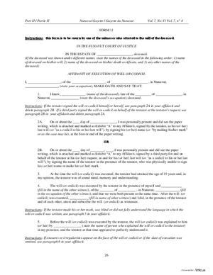 Thumbnail of Nunavut Form Affidavit Of Execution Of Will Or Codicil