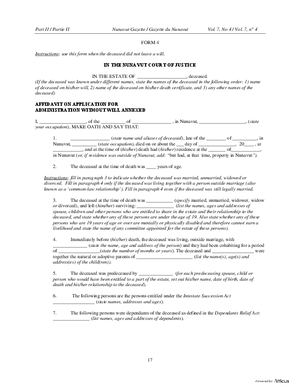 Thumbnail of Nunavut Form Affidavit On Application For Administration Without Will Annexed