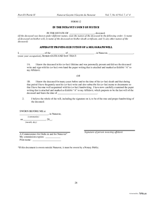 Thumbnail of Nunavut Form Affidavit Proving Execution Of A Holograph Will
