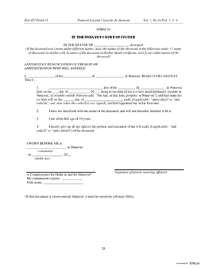 Thumbnail of Nunavut Form Affidavit Of Renunciation Of Probate Or Administration With Will Annexed