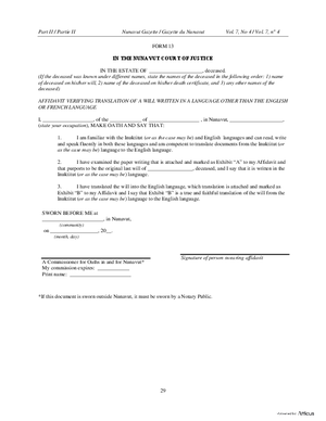 Thumbnail of Nunavut Form Affidavit Verifying Translation Of A Will Written In A Language Other Than The English Or French Language