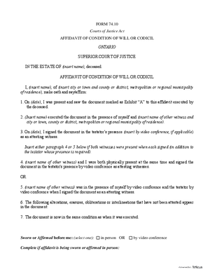 Thumbnail of Ontario Form Affidavit Of Condition Of Will Or Codicil (Effective 1/1/2021)