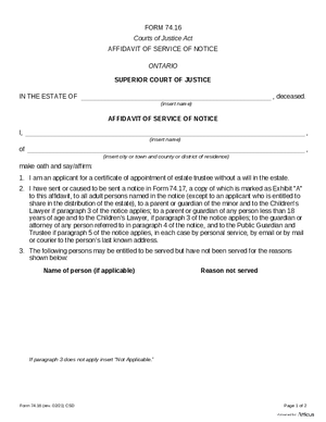 Thumbnail of Ontario Form Affidavit Of Service Of Notice (Certificate Of Appointment Of Estate Trustee Without A Will) (Effective 4/6/2021)