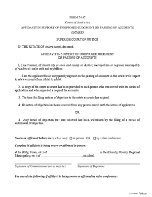 Thumbnail of Ontario Form Affidavit In Support Of Unopposed Judgment On Passing Of Accounts (Effective 1/1/2021)