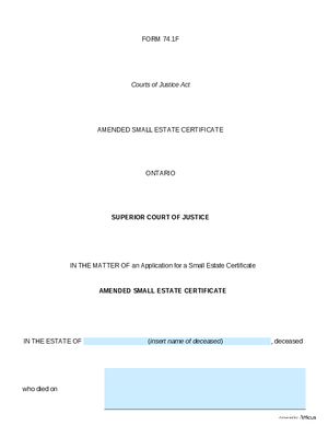 Thumbnail of Ontario Form Amended Small Estate Certificate (Effective 4/1/2021)