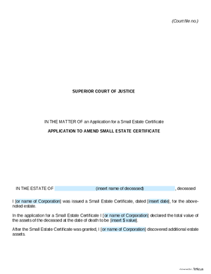 Thumbnail of Ontario Form Application To Amend Small Estate Certificate (Effective 4/1/2021)