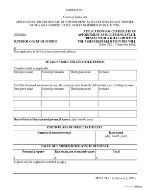 Thumbnail of Ontario Form Application For Certificate Of Appointment As Succeeding Estate Trustee With A Will Limited To The Assets Referred To In The Will (Effective 4/6/2021)