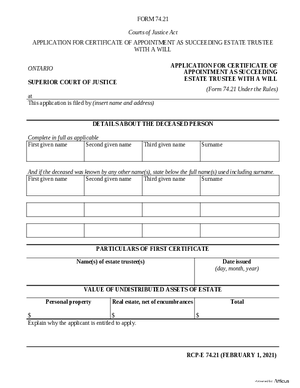 Thumbnail of Ontario Form Application For Certificate Of Appointment As Succeeding Estate Trustee With A Will (Effective 4/6/2021)