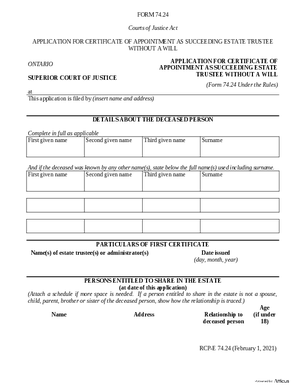 Thumbnail of Ontario Form Application For Certificate Of Appointment As Succeeding Estate Trustee Without A Will (Effective 4/6/2021)