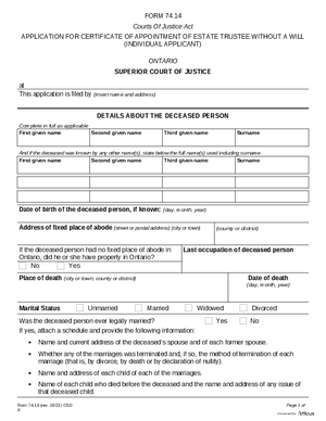 Thumbnail of Ontario Form Application For Certificate Of Appointment Of Estate Trustee Without A Will (Individual Applicant) (Effective 4/6/2021)