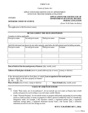 Thumbnail of Ontario Form Application For Certificate Of Appointment Of Estate Trustee During Litigation (Effective 4/6/2021)