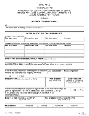 Thumbnail of Ontario Form Application For Certificate Of Appointment Of Estate Trustee With A Will (Individual Applicant) Limited To The Assets Referred To In The Will (Effective 4/6/2021)