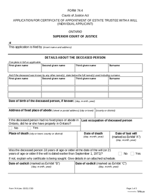 Thumbnail of Ontario Form Application For Certificate Of Appointment Of Estate Trustee With A Will (Individual Applicant) (Effective 4/6/2021)