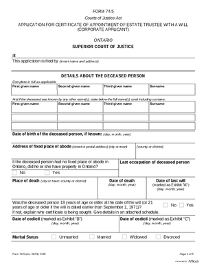 Thumbnail of Ontario Form Application For Certificate Of Appointment Of Estate Trustee With A Will (Corporate Applicant) (Effective 4/6/2021)