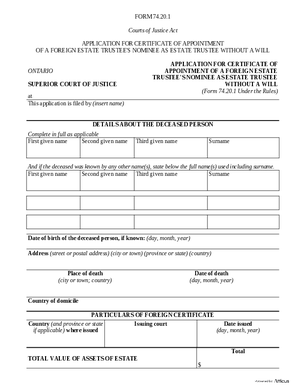 Thumbnail of Ontario Form Application For Certificate Of Appointment Of A Foreign Estate Trustee’s Nominee As Estate Trustee Without A Will (Effective 4/6/2021)