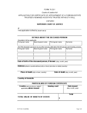 Thumbnail of Ontario Form Application For Certificate Of Appointment Of A Foreign Estate Trustee's Nominee As Estate Trustee Without A Will (Effective 7/9/2015)
