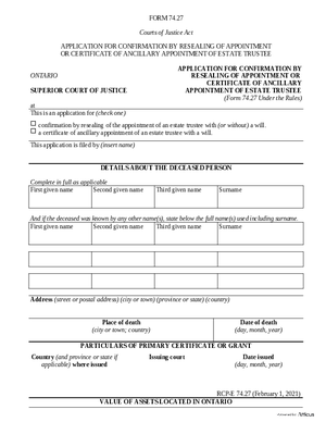 Thumbnail of Ontario Form Application For Confirmation By Resealing Of Appointment Of Estate Trustee Or Certificate Of Ancillary Appointment Of Estate Trustee With A Will (Effective 4/6/2021)