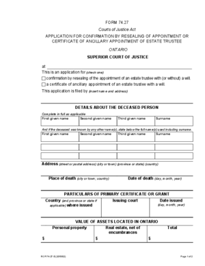 Thumbnail of Ontario Form Application For Confirmation By Resealing Of Appointment Or Certificate Of Ancillary Appointment Of Estate Trustee (Effective 7/9/2015)