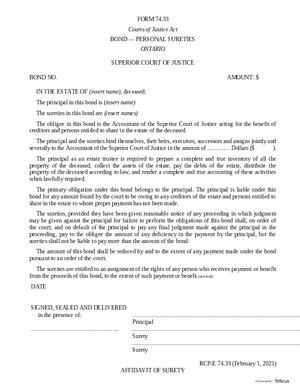 Thumbnail of Ontario Form Bond - Personal Sureties (Effective 4/6/2021)