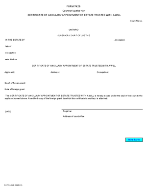 Thumbnail of Ontario Form Certificate Of Ancillary Appointment Of Estate Trustee With A Will (Effective 7/1/2006)