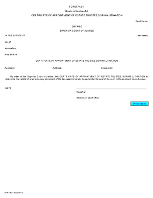 Thumbnail of Ontario Form Certificate Of Appointment Of Estate Trustee During Litigation (Effective 7/1/2006)