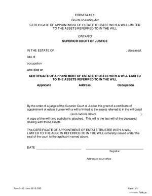 Thumbnail of Ontario Form Certificate Of Appointment Of Estate Trustee With A Will Limited To The Assets Referred To In The Will (Effective 1/1/2016)