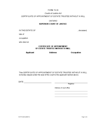 Thumbnail of Ontario Form Certificate Of Appointment Of Estate Trustee Without A Will (Effective 7/1/2006)