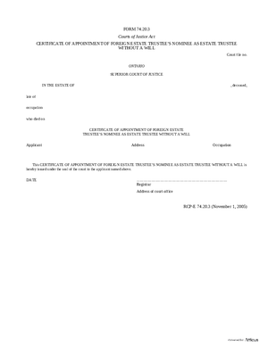 Thumbnail of Ontario Form Certificate Of Appointment Of Foreign Estate Trustee’s Nominee As Estate Trustee Without A Will (Effective 7/1/2006)