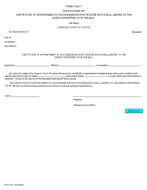 Thumbnail of Ontario Form Certificate Of Appointment Of Succeeding Estate Trustee With A Will Limited To The Assets Referred To In The Will (Effective 1/1/2016)