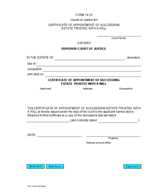 Thumbnail of Ontario Form Certificate Of Appointment Of Succeeding Estate Trustee With A Will (Effective 1/1/2016)