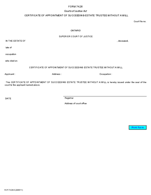 Thumbnail of Ontario Form Certificate Of Appointment Of Succeeding Estate Trustee Without A Will (Effective 7/1/2006)