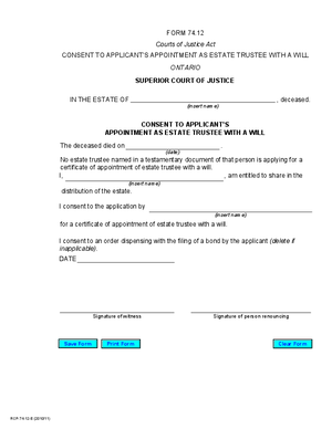 Thumbnail of Ontario Form Consent To Applicant’s Appointment As Estate Trustee With A Will (Effective 7/1/2006)