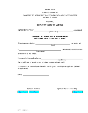 Thumbnail of Ontario Form Consent To Applicant’s Appointment As Estate Trustee Without A Will (Effective 11/1/2010)