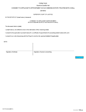 Thumbnail of Ontario Form Consent To Applicant’s Appointment As Succeeding Estate Trustee With A Will (Effective 7/1/2006)