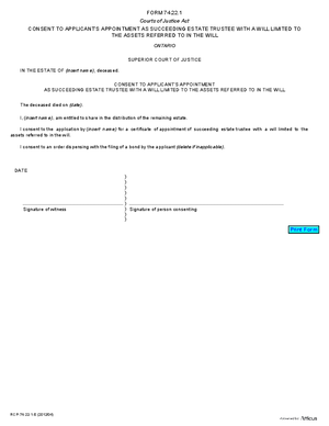 Thumbnail of Ontario Form Consent To Applicant's Appointment As Succeeding Estate Trustee With A Will Limited To The Assets Referred To In The Will (Effective 7/1/2012)