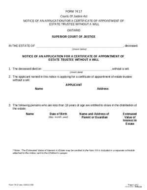 Thumbnail of Ontario Form Notice Of An Application For A Certificate Of Appointment Of Estate Trustee Without A Will (Effective 4/6/2021)
